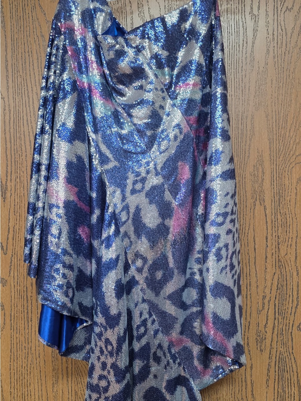 Jovani Metallic Blue Animal-Print Midi Dress with Pink Accents